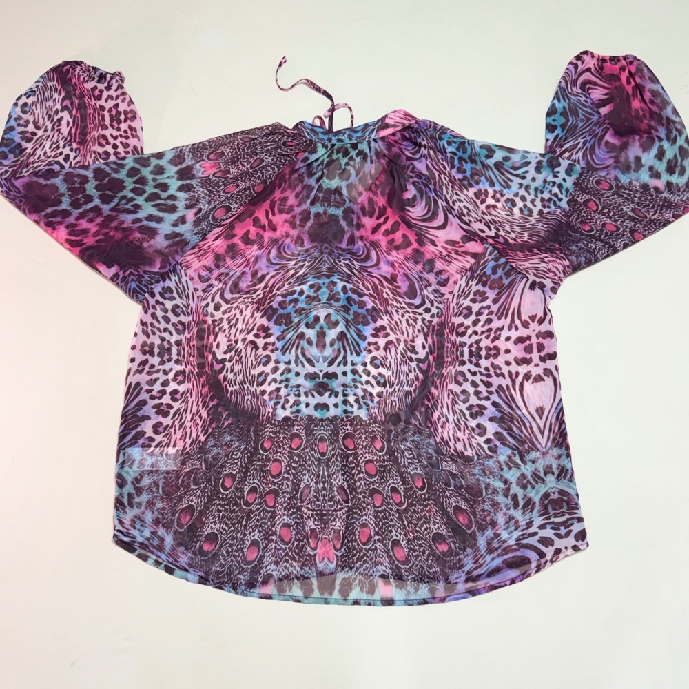 Aveloria Abstract Leopard Print Sheer Tie-Neck Blouse Y2K Mesh Animal Print Top - Picture 5 of 7